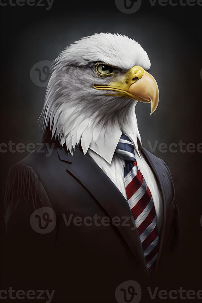 ai generado retrato de águila en negro traje blanco camiseta, Estados Unidos bandera atar. resumen personaje en el gris antecedentes. foto