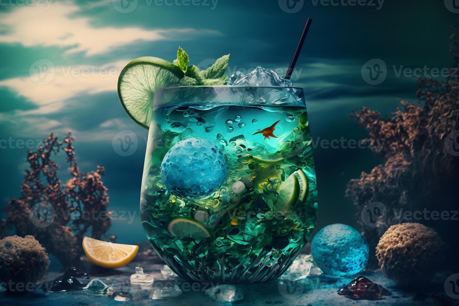 Wet glass of fresh cool cold mohito cocktail on the table at beach at summer time. Abstract surreal magic cocktail in space or other planet like mars. Under water ocean beverage. photo