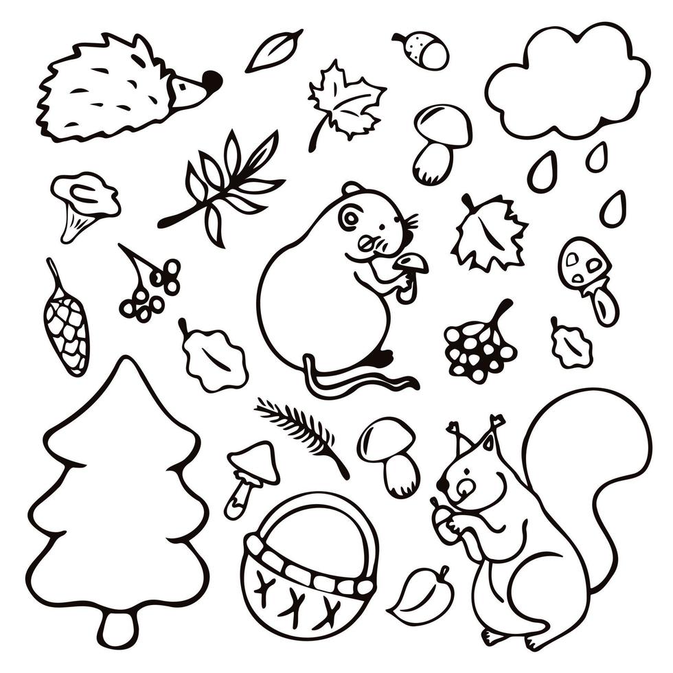 Cute hand drawn doodle vector set. Funny collection of forest animals, plants and mushrooms. Adorable creative design element for decoration, ads, prints, branding. Vector illustration