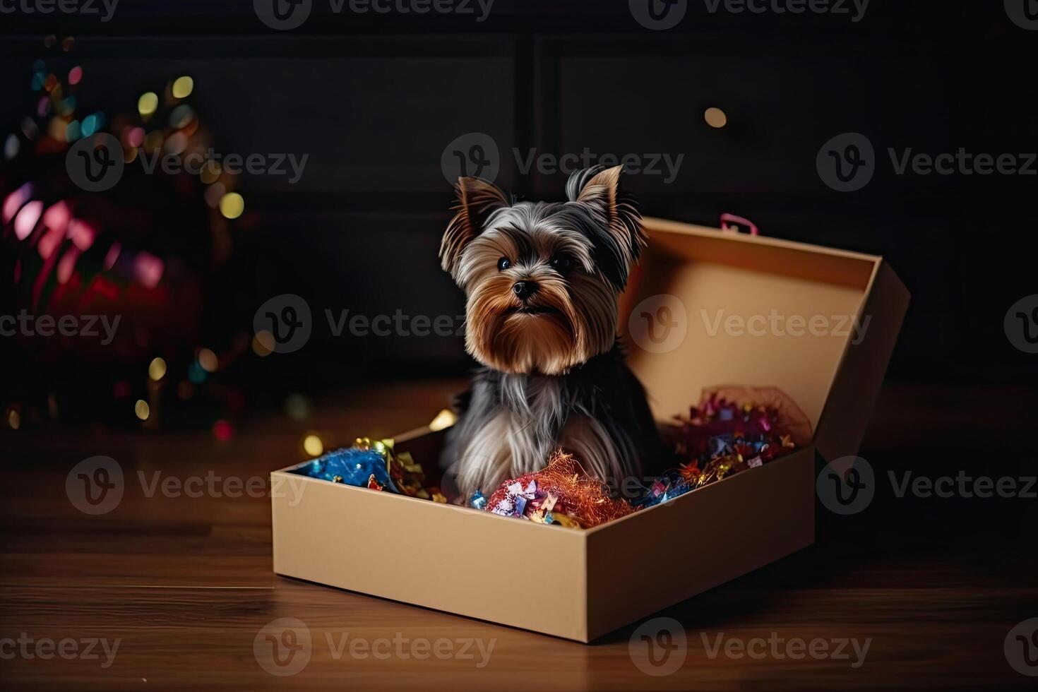 Cute dog looking out from gift box. Pet as present. photo