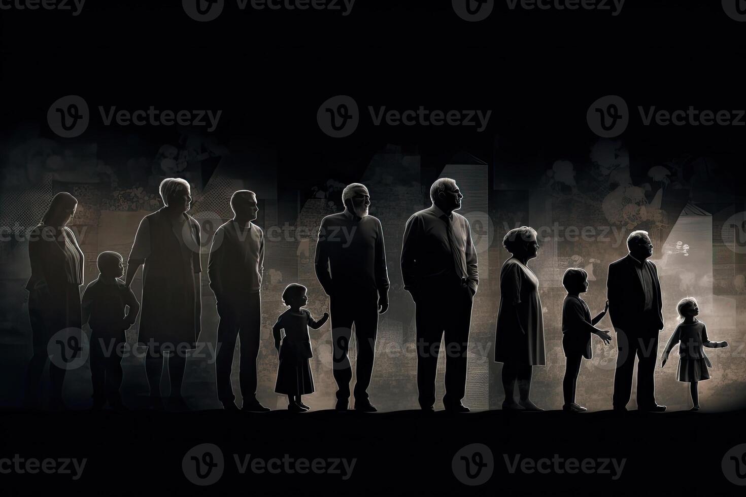 Different generations of family stand together against dark abstract background. photo