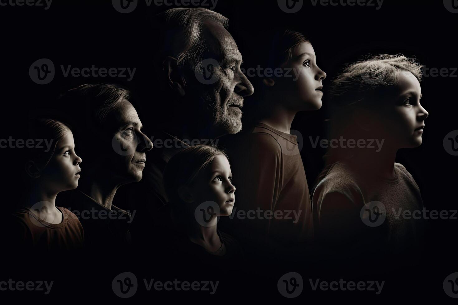 Different generations of family stand together against dark abstract background. photo