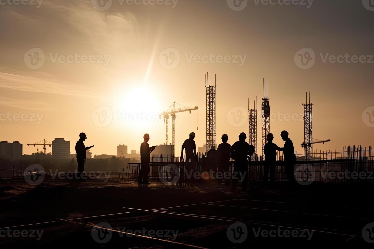 Silhouettes of engineers at construction site at sunset. photo