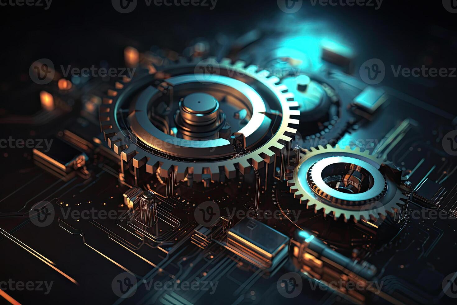 Digital gear wheels on circuit board. High technology engineering. photo