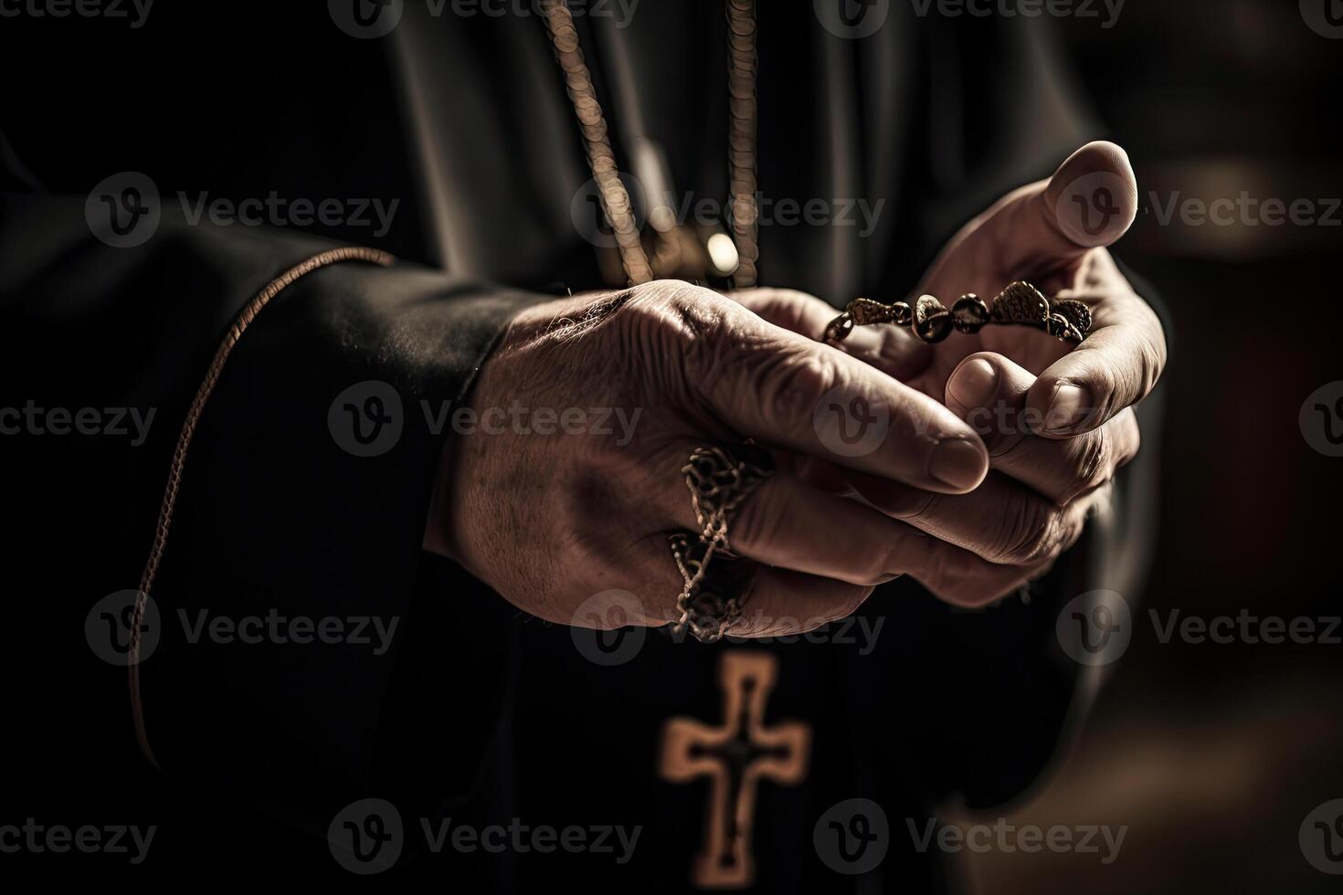 Iglesia sacerdote sostiene religioso cruzar en manos. generativo ai foto
