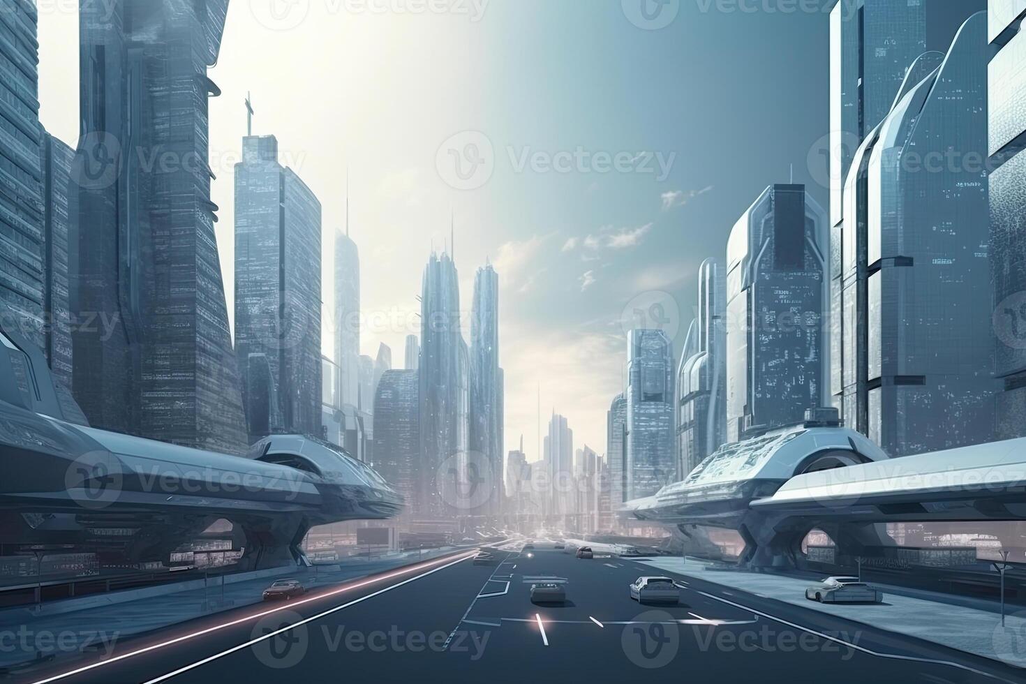 Futuristic city with neon lights. photo