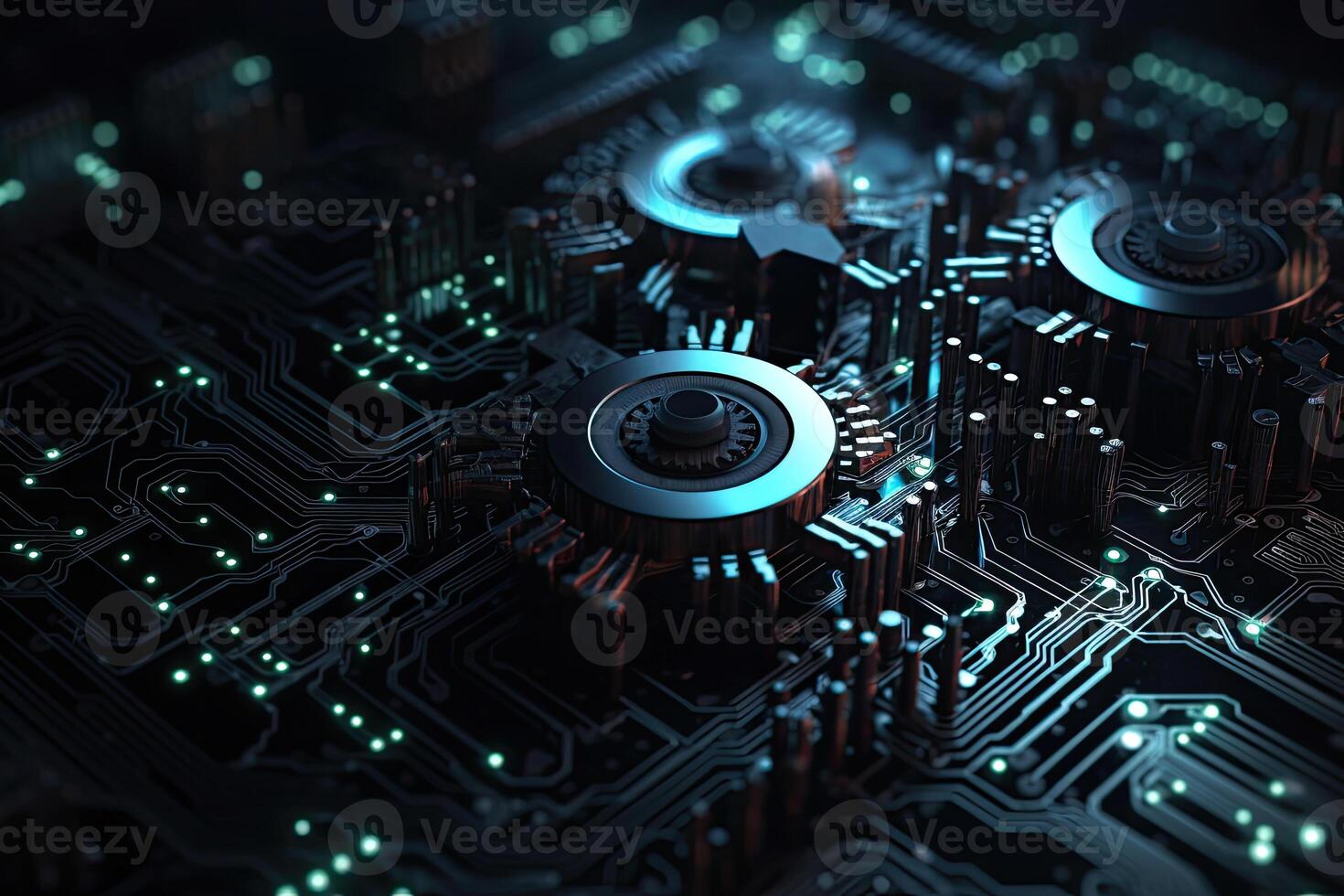 Digital gear wheels on circuit board. High technology engineering. photo
