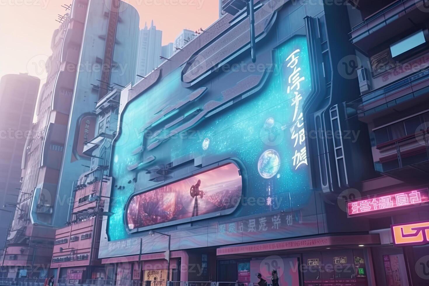 Futuristic neon city with billboard at street. photo