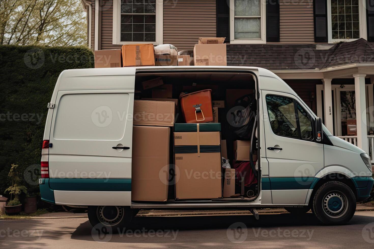 Open cargo van with cardboard boxes, moving concept. photo