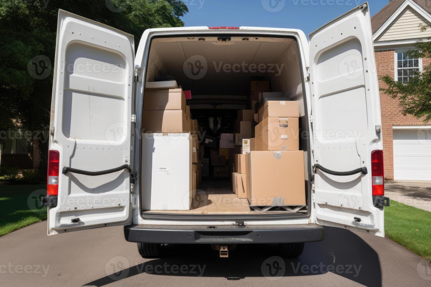 Open cargo van with cardboard boxes, moving concept. photo