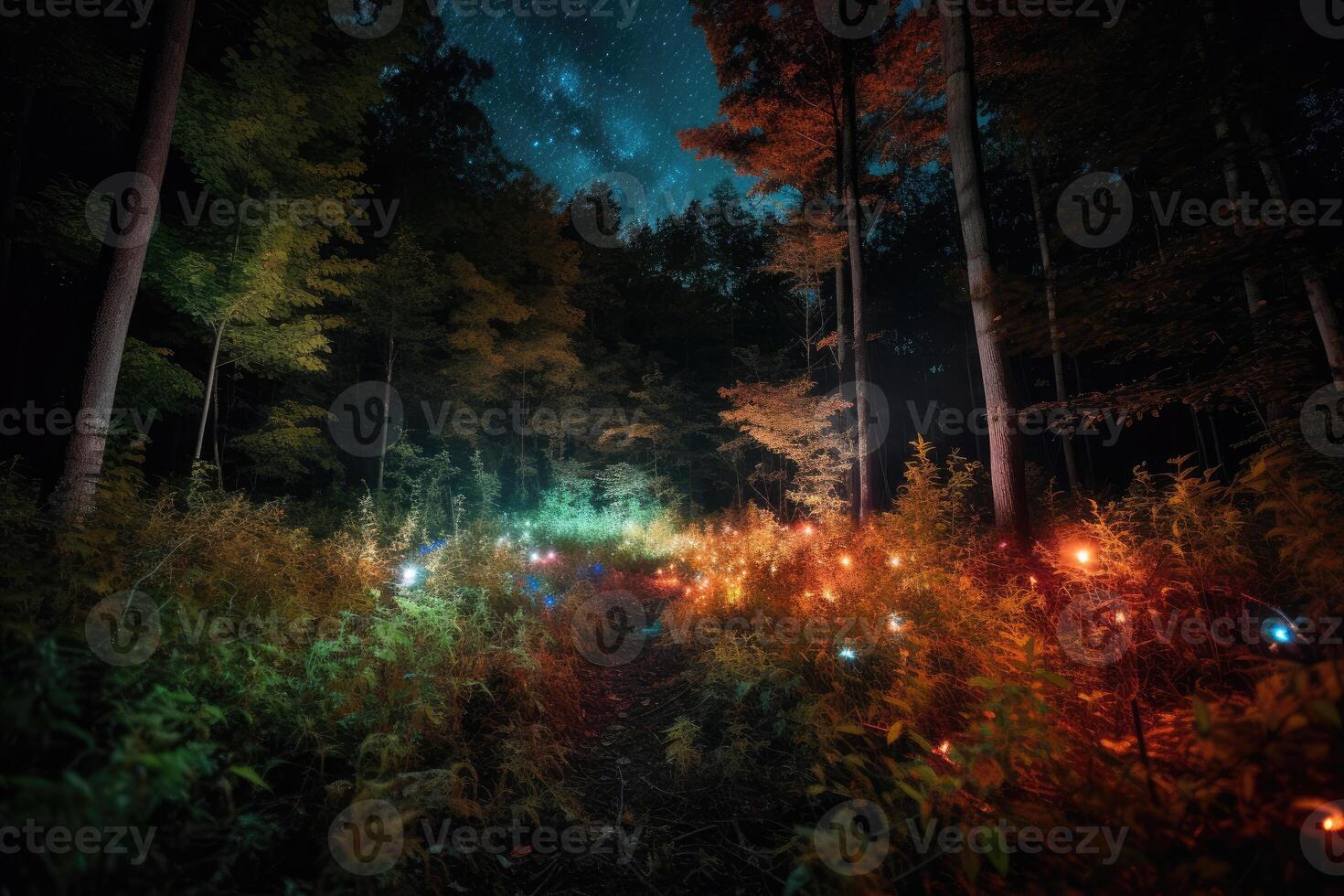 Fantasy magical forest with glowing lights. photo