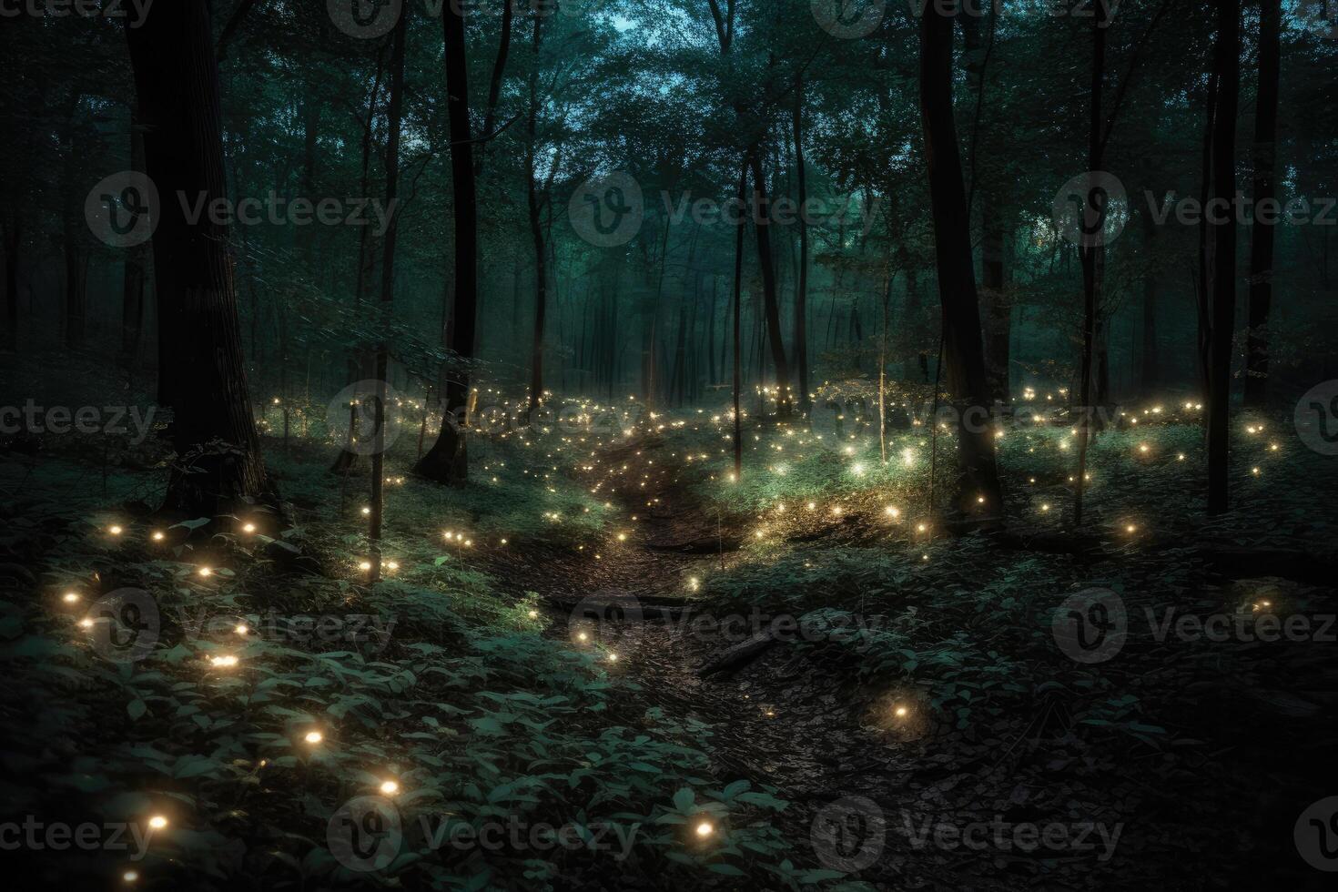 Fantasy magical forest with glowing lights. photo