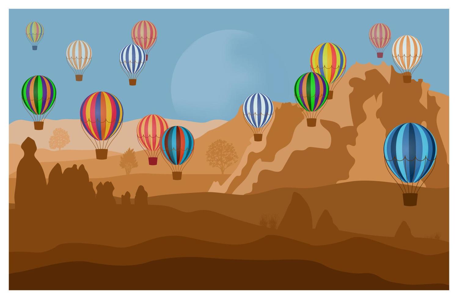 Cappadocia, Turkey. Colorful vector illustration of a famous Turkish travel destination. Caves, stones, bright hot air balloons. Horizontal banner, card, poster design.