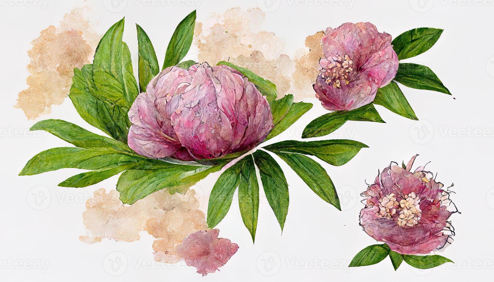 Watercolor clipart delicate flowers garden roses and leaves. Design invitations. photo
