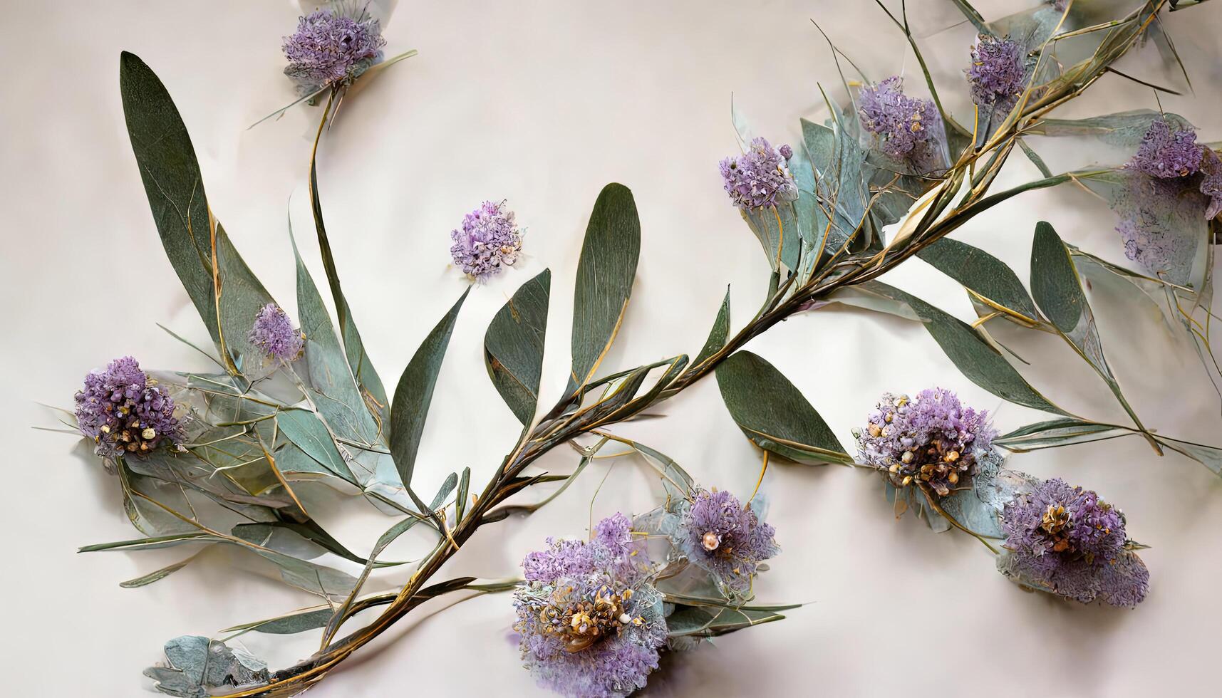 Lavender eucalyptus leaves, sage, and olive branches make up this flower frame from a digital watercolor painting that is isolated on white. photo