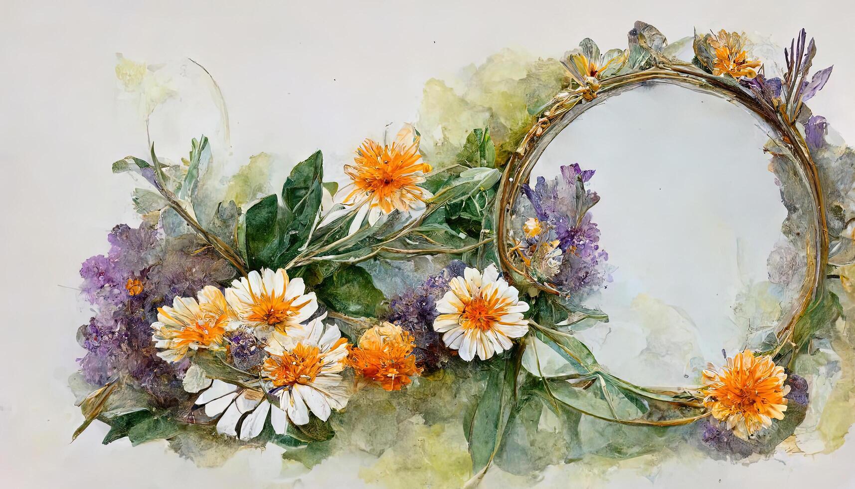 Watercolor floral frame. Daisy flower, calendula, lavender, eucalyptus branches and leaves. photo