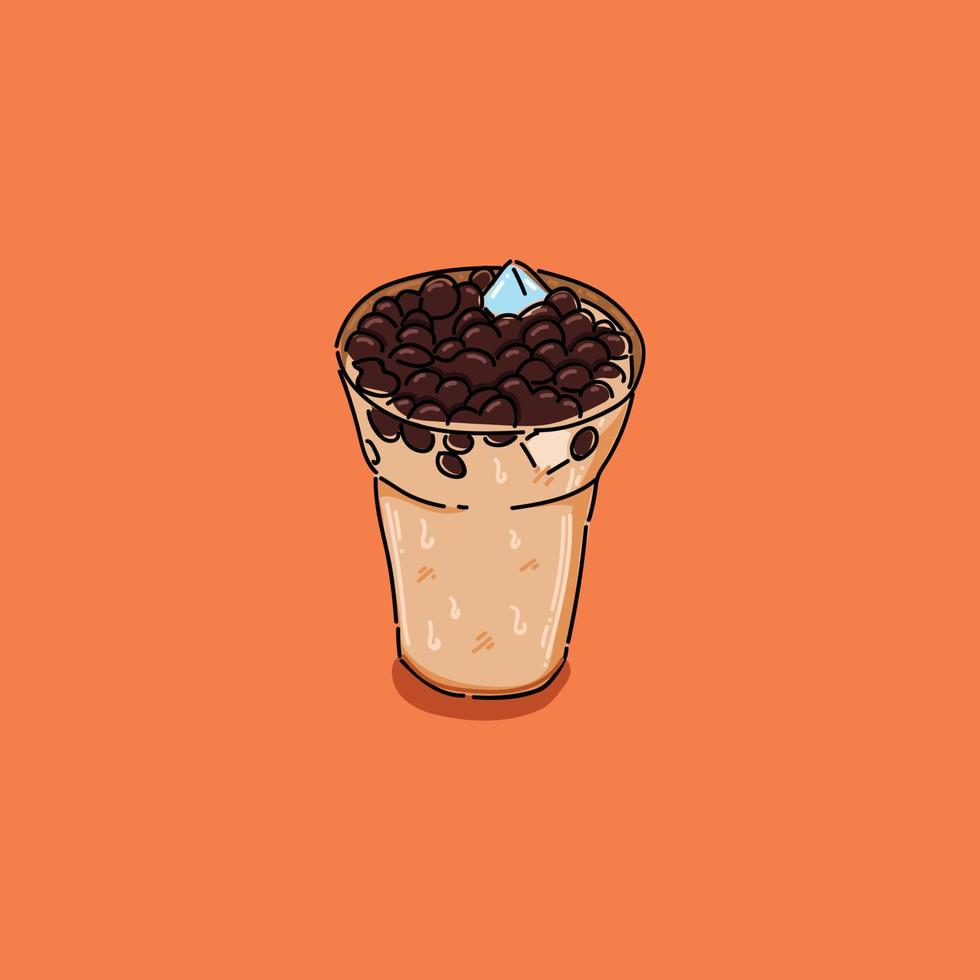 ice milk tea with boba illustration design vector with glass cup with orange background, refreshing drink for summer day or hot weather