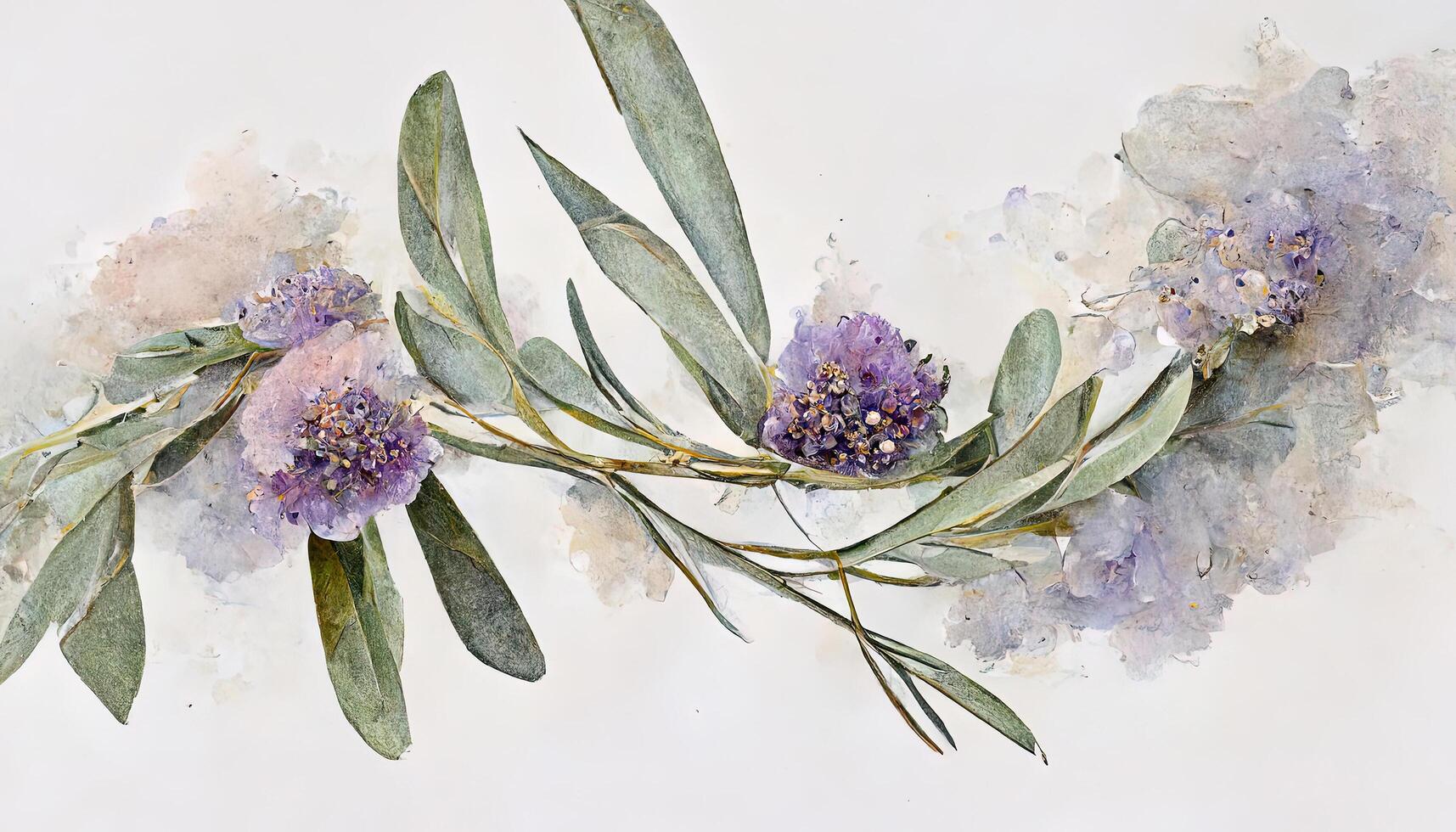 Lavender flowers and eucalyptus branches isolated on white, Floral wreath, Watercolor illustration. Generative Ai photo