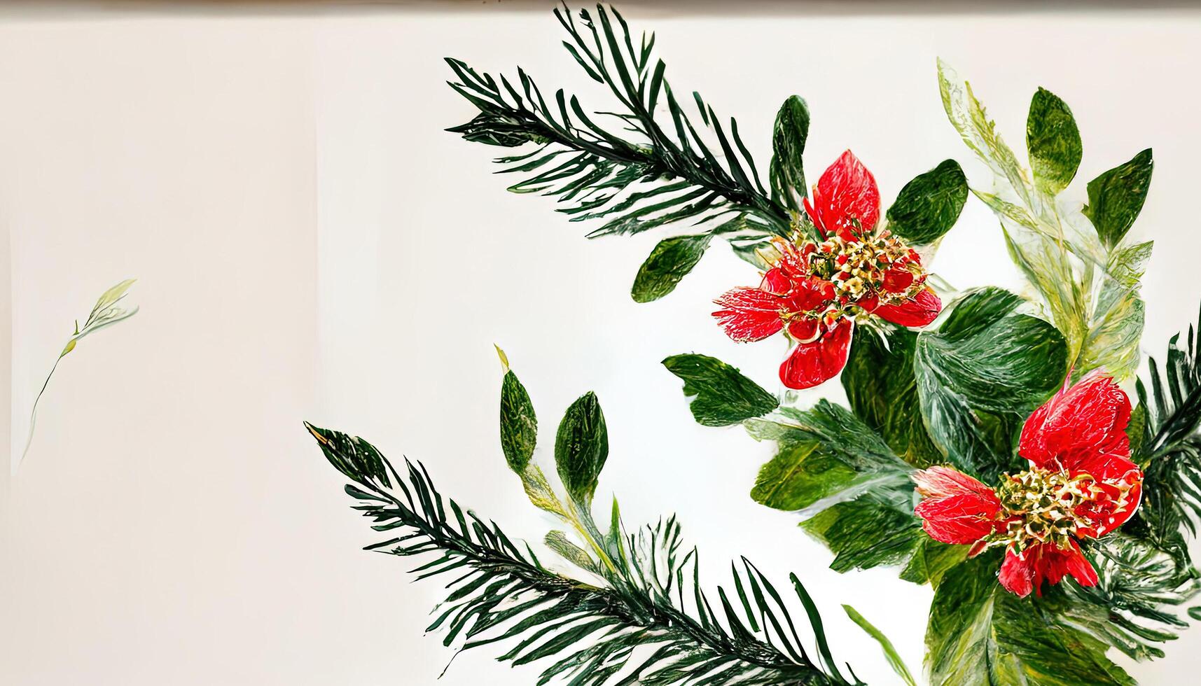 Watercolor Christmas floral frame. Botanical square card design with winter plants mistletoe, eucalyptus leaves, spruce, pine cone, red, white berries. photo