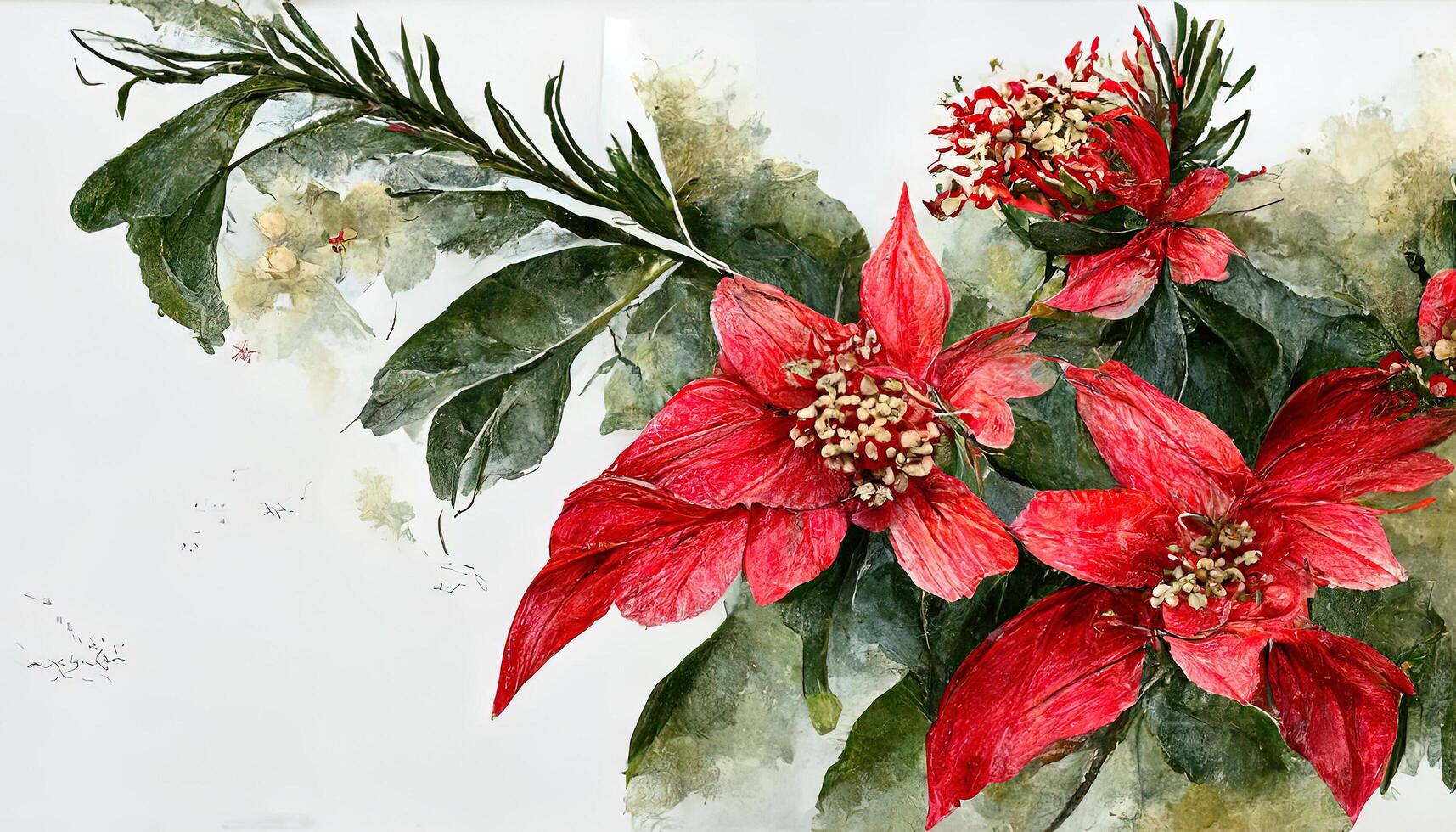 acuarela Navidad floral marco. botánico cuadrado tarjeta diseño con invierno plantas muérdago, eucalipto hojas, abeto, pino cono, rojo, blanco bayas. generativo ai foto