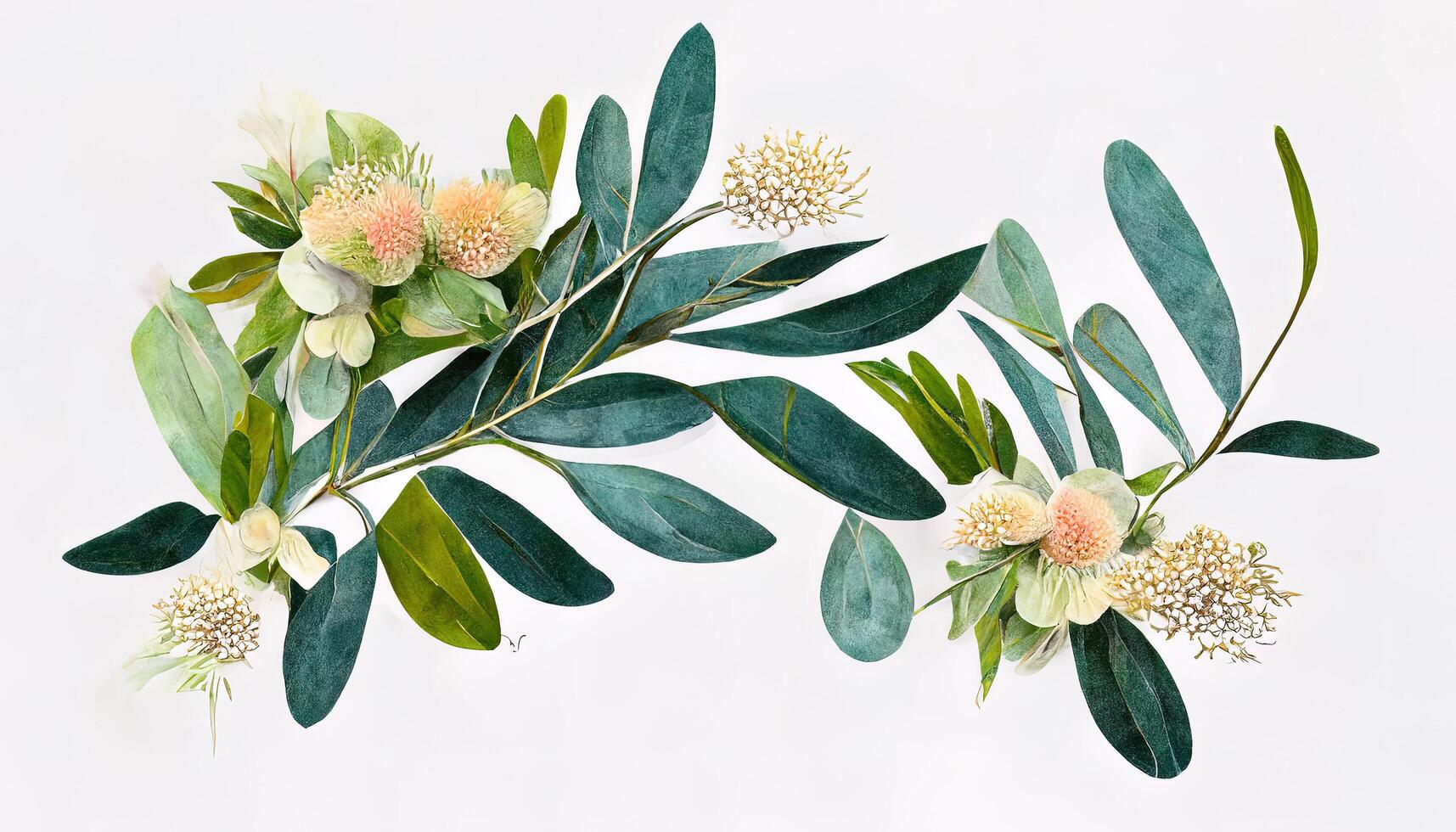 Watercolor eucalyptus flower arrangement, Greenery branches and jasmine flowers clipart. Generative Ai photo