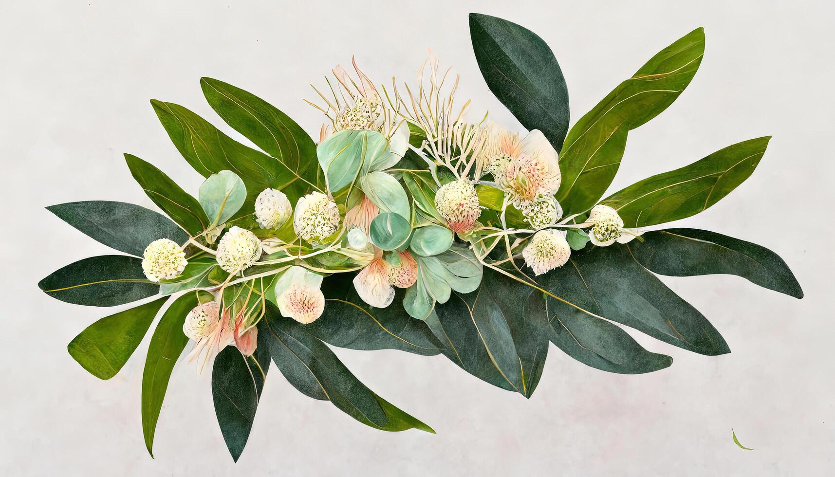 Watercolor eucalyptus flower arrangement, Greenery branches and jasmine flowers clipart. photo