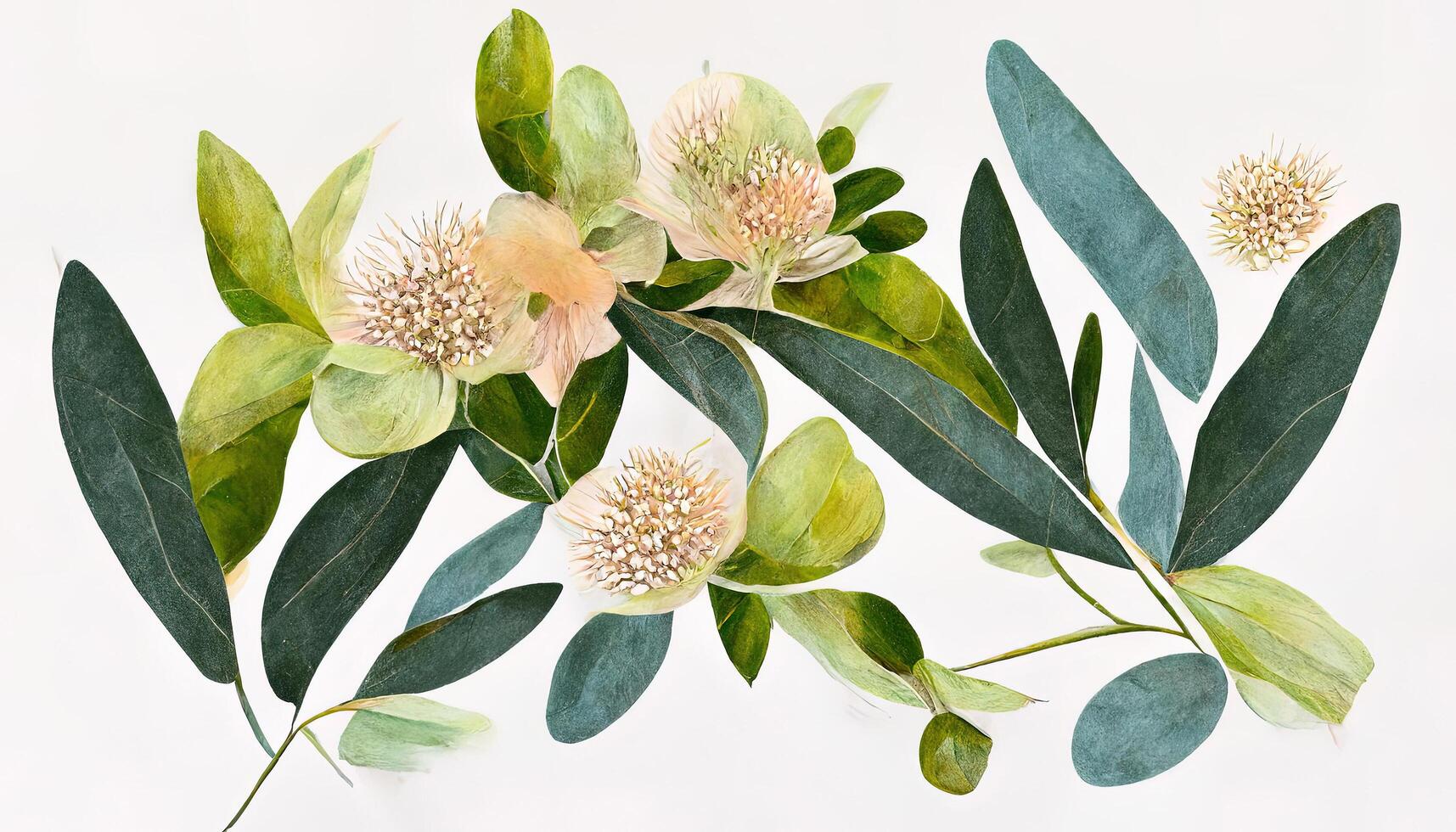 Watercolor eucalyptus flower arrangement, Greenery branches and jasmine flowers clipart. photo