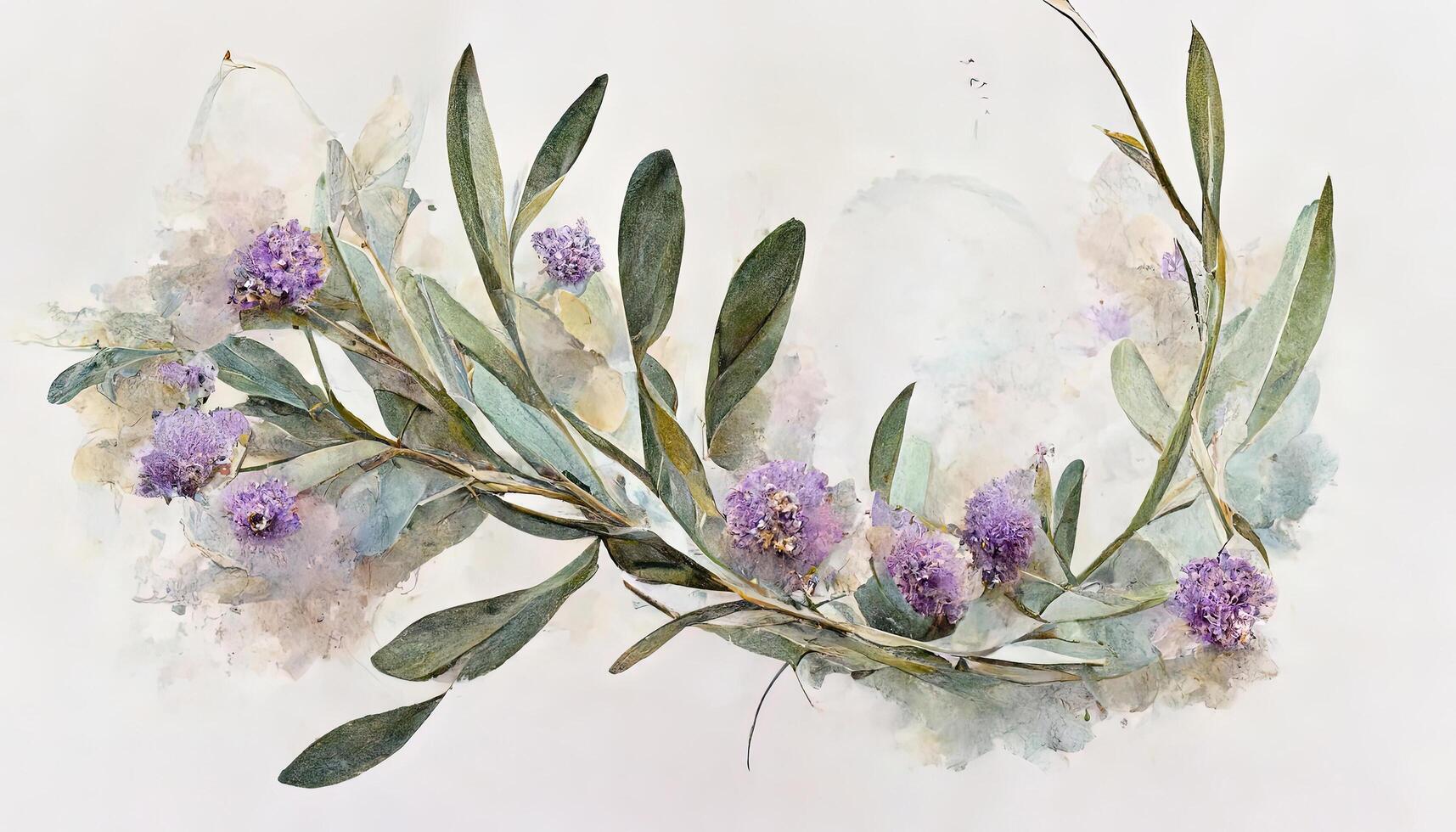 Excellent Lavender eucalyptus leaves, sage, and olive branches make up this flower frame from a digital watercolor painting. photo