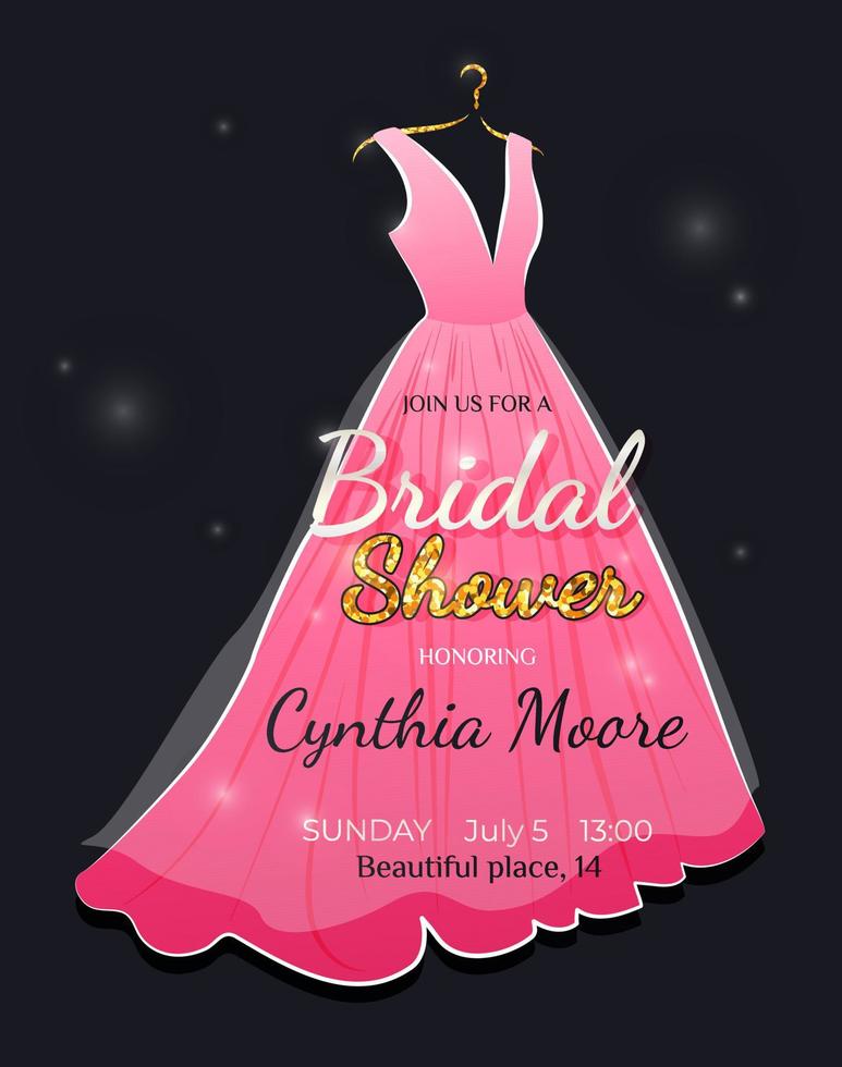 luxurious and elegant Bridal Shower invitation card with fashionable pink wedding dress on a clothes hanger. Vector illustration with wedding dress on black backdrop.