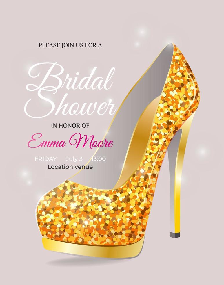 luxurious and elegant Bridal Shower invitation card. Fashionable wedding golden high heel shoe. Wedding stiletto heels with flares. Vector illustration