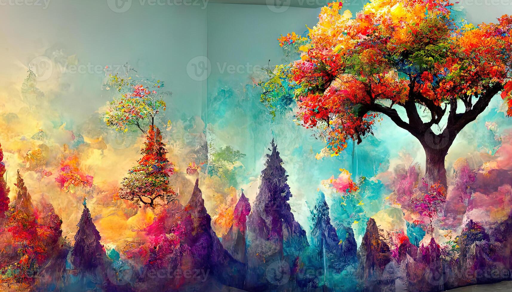 Excellent 3d mural wallpaper for canvas for frames digital graphic like the impression of drawing, colorful tree digital landscape. photo