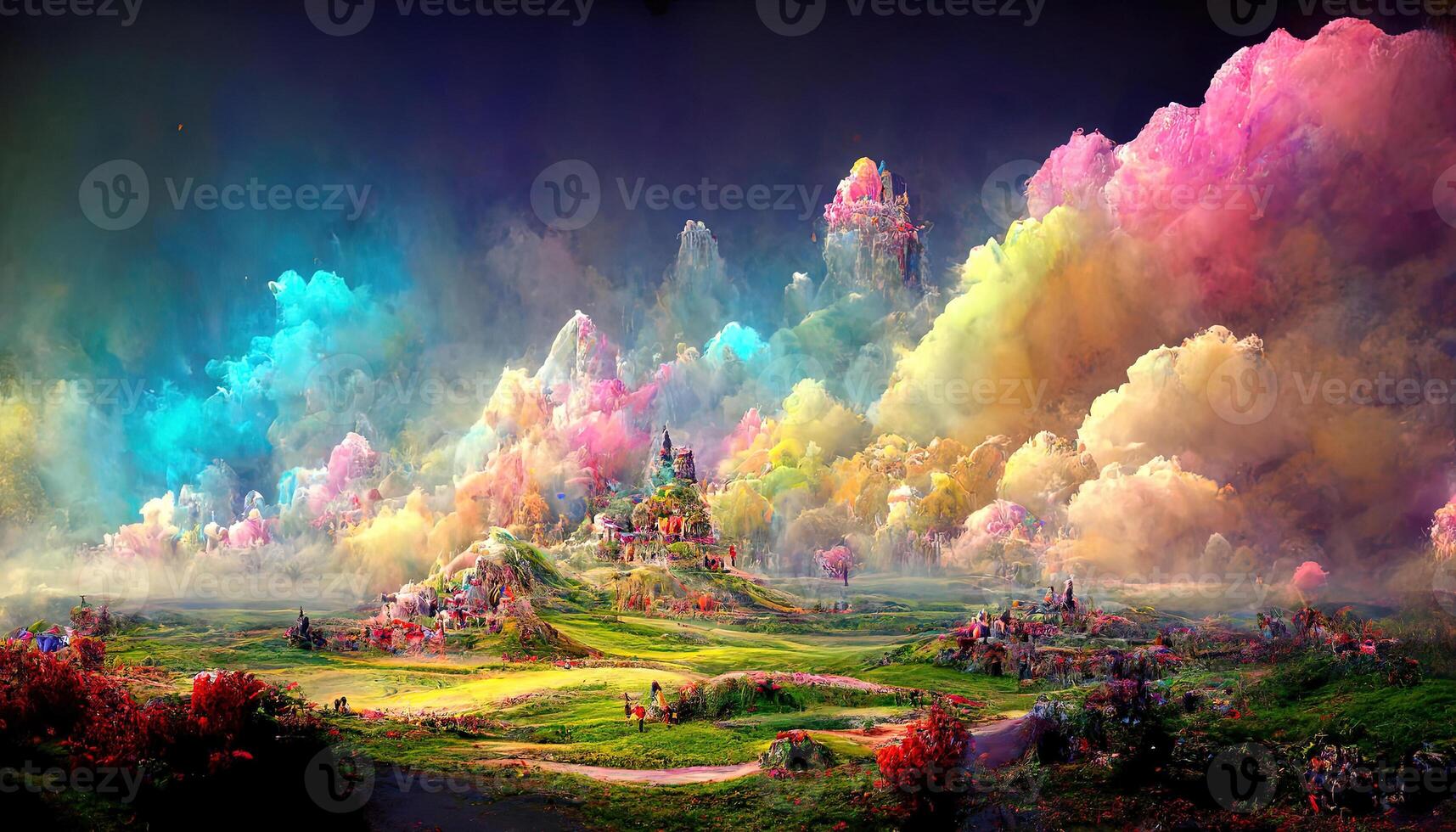 Amazing 3d rendering of a colorful fantasy landscape, Detailed, colored. photo