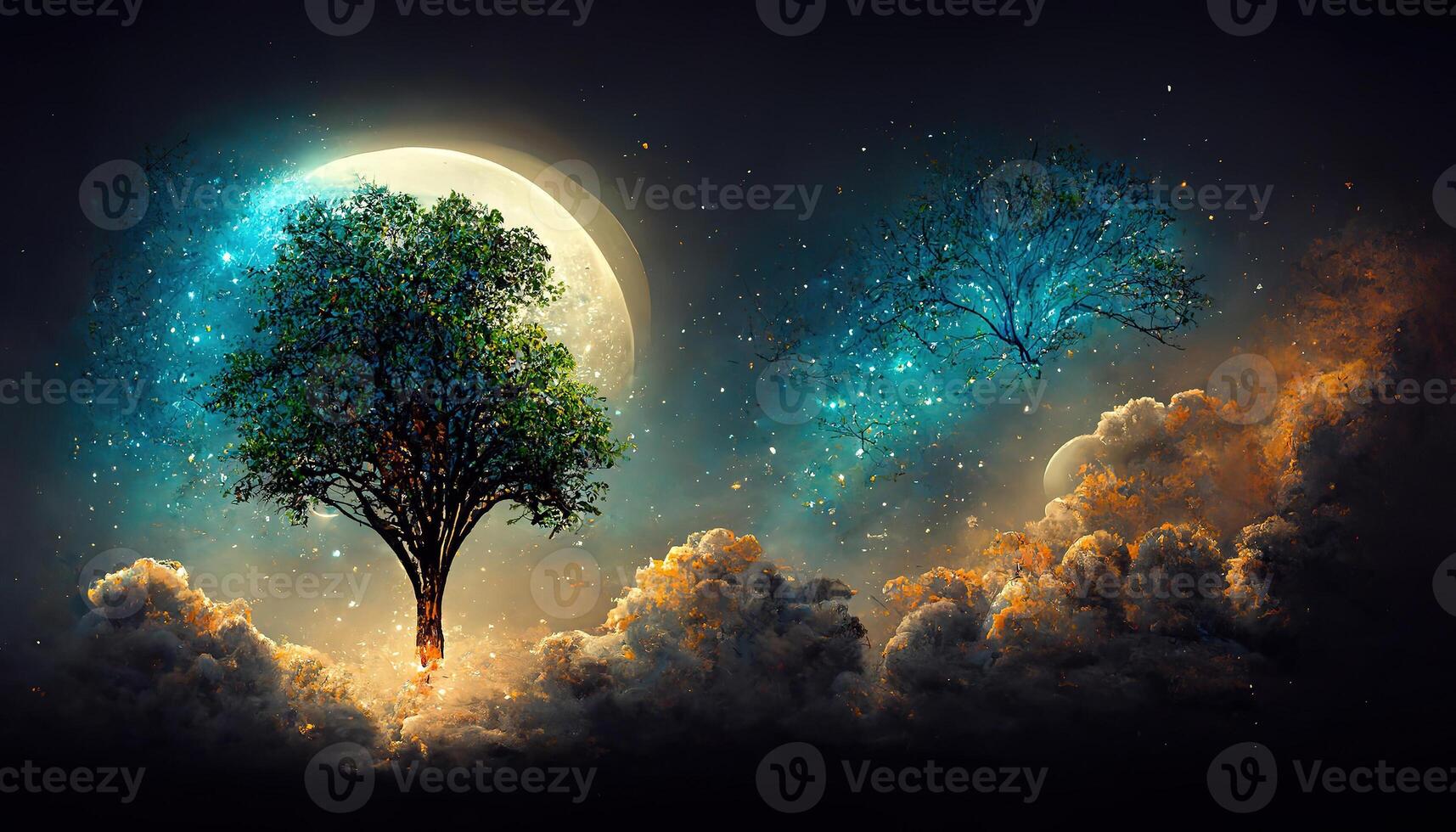 hada árbol en niebla antiguo mágico árbol con grande ramas y naranja hojas místico otoño bosque. generativo ai foto