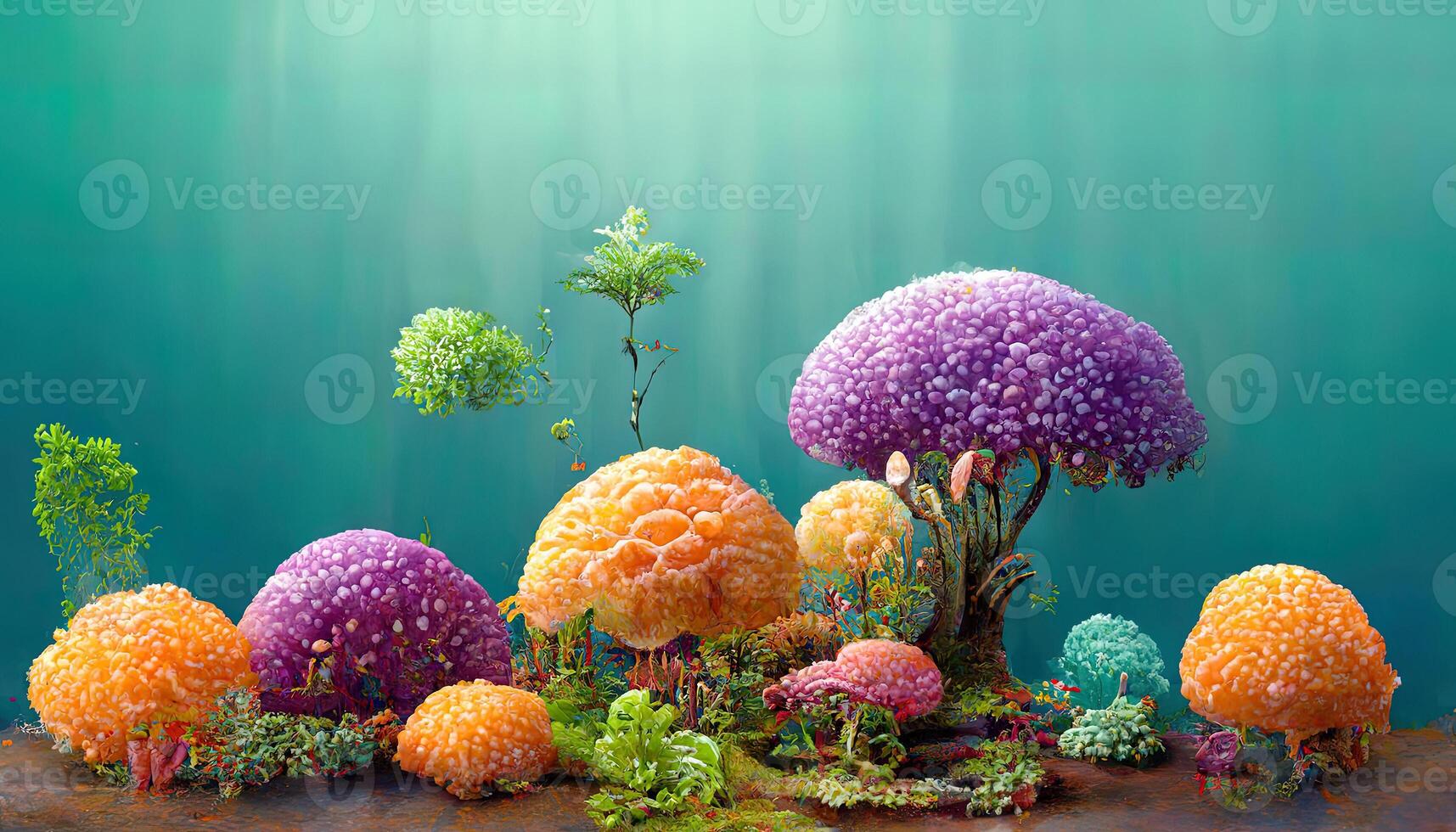 Floating underwater island with turquoise pink coral reef, blue seaweeds, algae, purple sponges, orange fishes. photo