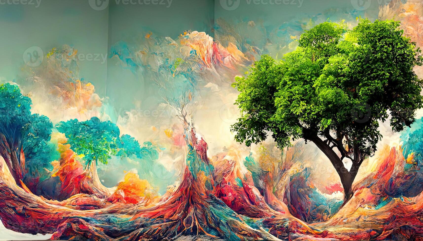 3d mural fondo de pantalla para lona para marcos digital gráfico me gusta el impresión de dibujo, vistoso árbol digital paisaje. generativo ai foto