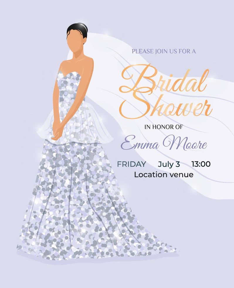 luxurious and elegant Bridal Shower invitation card. Beautiful bride in fashionable wedding dress with silver tinsel and bridal veil. Vector illustration