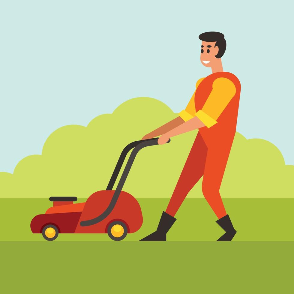 Image Of A Gardener Using Lawn Mower vector