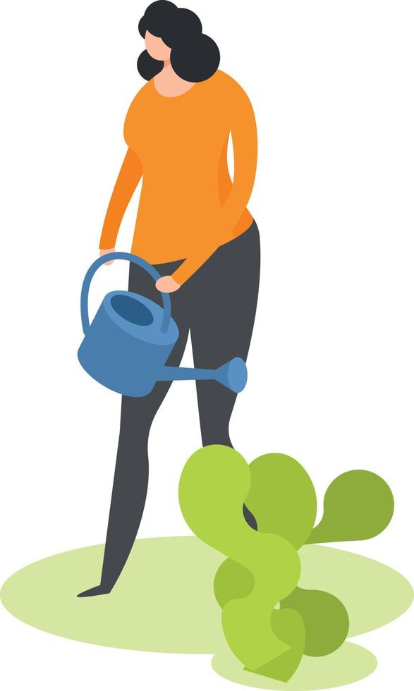 Image Of A Woman Watering Flower Plant vector
