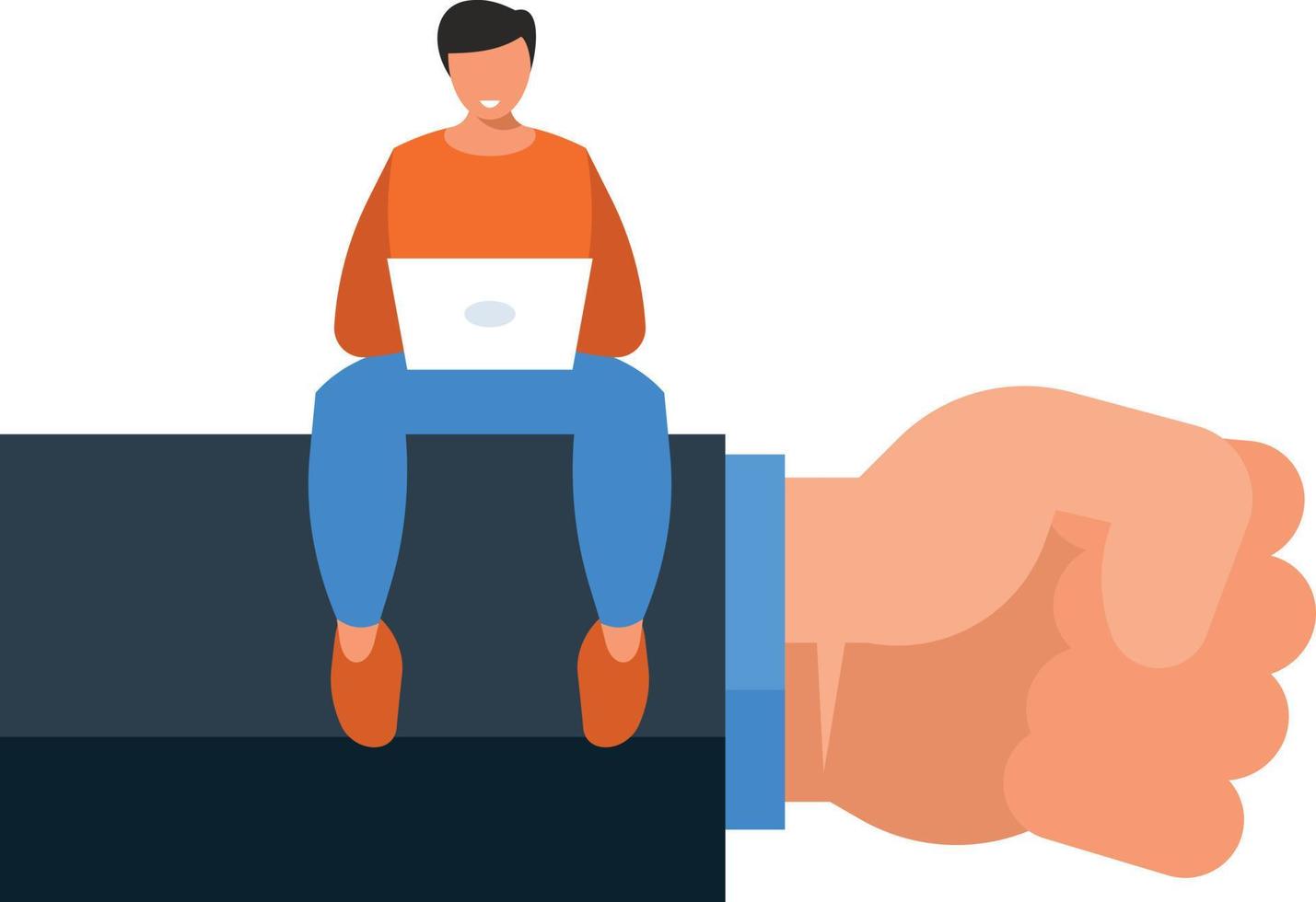 Image Of A Man With A Laptop Sitting On A Human Hand vector