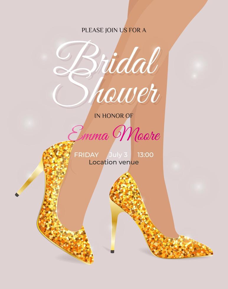 luxurious and elegant Bridal Shower invitation card. Female legs in wedding high heel shoes. Golden Wedding stiletto heels with flares. Vector illustration