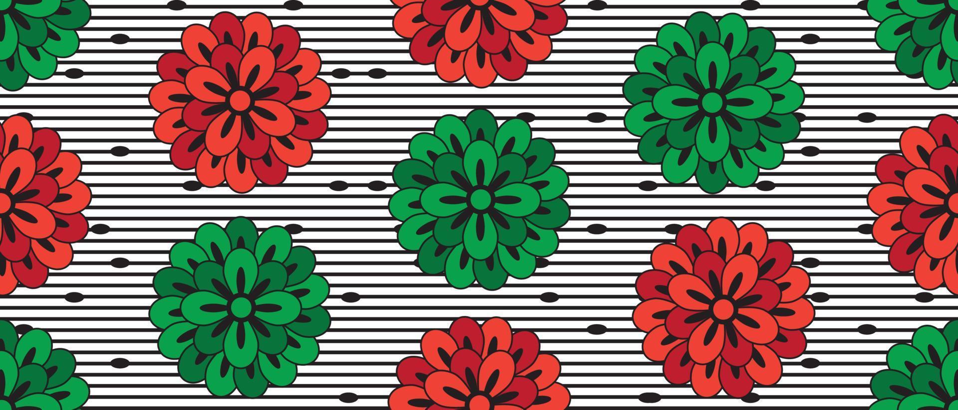 African ethnic wax prints pattern. seamless beautiful Kitenge, chitenge, Ankara style. fashion design in colorful. Fabric Stripe Pattern motif. green, red flower botanical, Ankara floral prints, vector