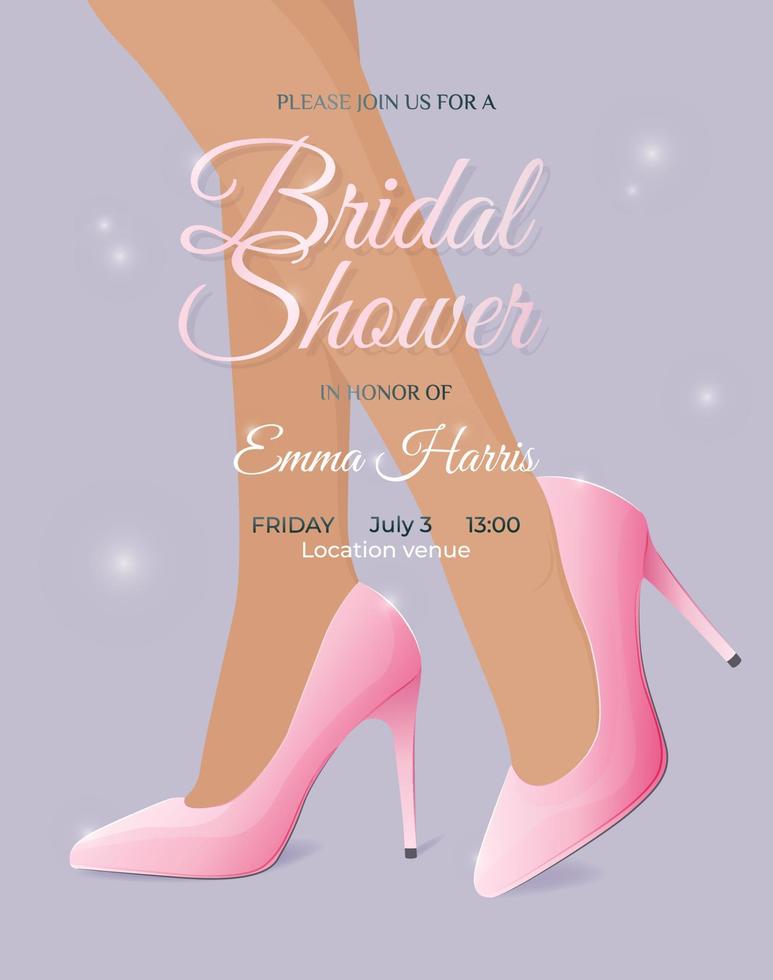 luxurious and elegant Bridal Shower invitation card. Female legs in wedding high heel shoes. Wedding stiletto heels with flares. Vector illustration