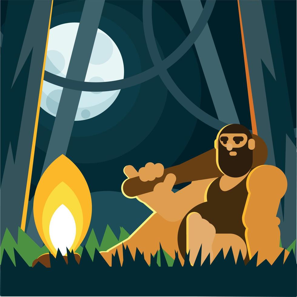 Image Of A Primitive Man Sitting In The Woods vector