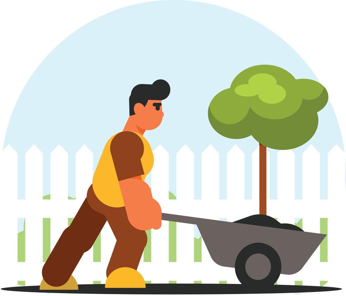 Image Of A Gardener Pushing A Wheelbarrow vector