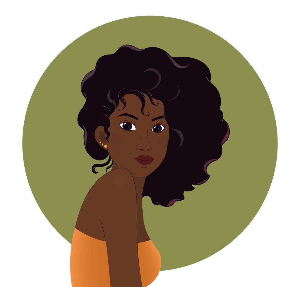 Young African American woman with black curly hair in the yellow T-shirt on green circle backdrop. Black strong girl, front view. Vector illustration.