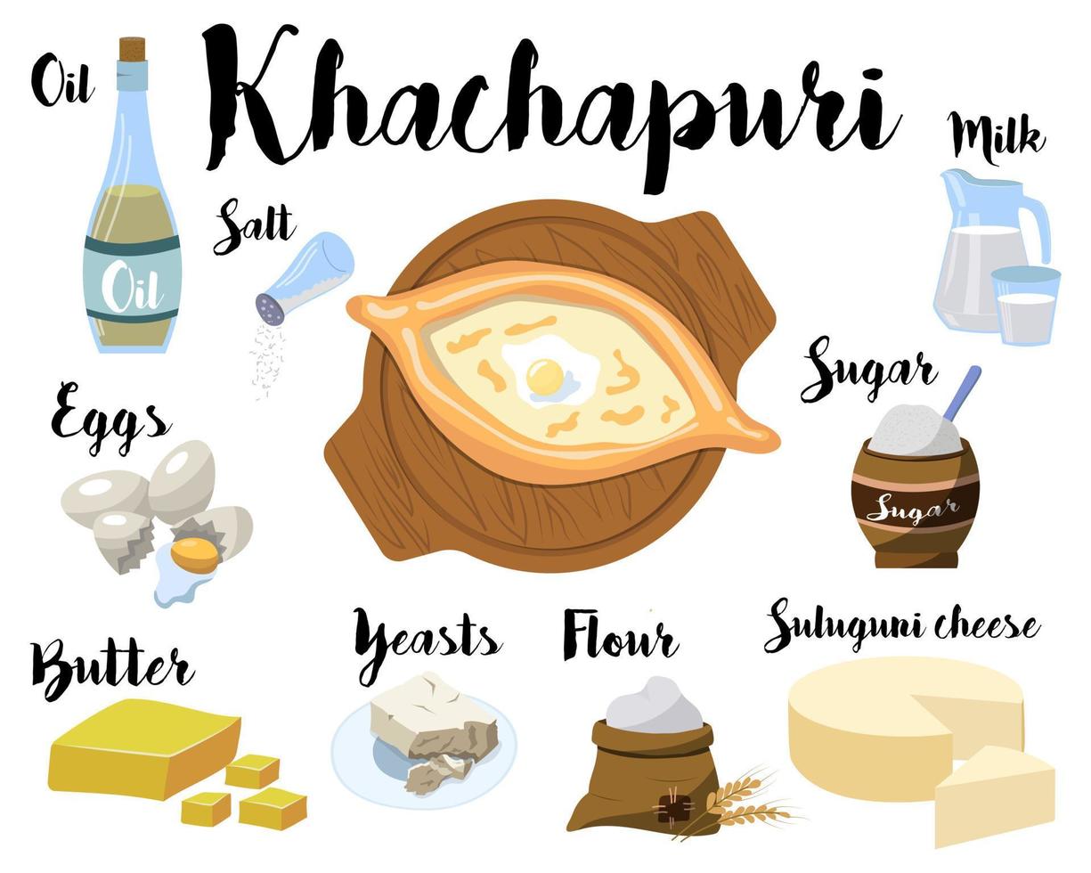 kitchen poster with a recipe for khachapuri. Vector illustration on a white background.
