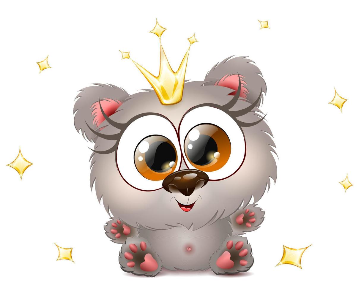 Cute fluffy cartoon little bear princess with crown. vector