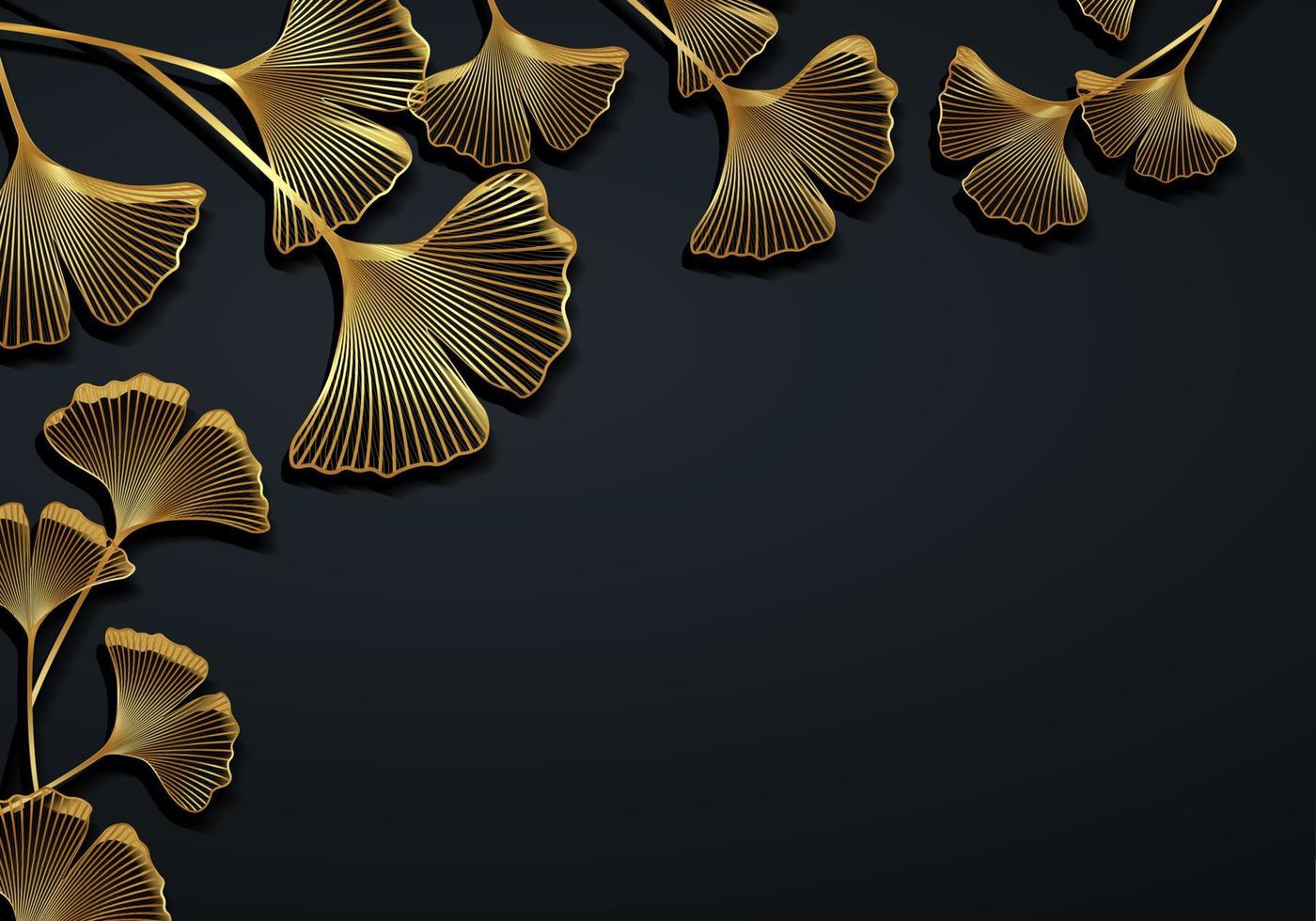 oro marco de gingko biloba hojas aislado en negro antecedentes. dorado lujo frontera de floral hojas. vector ilustración botánico diseño plantilla, horizontal bandera