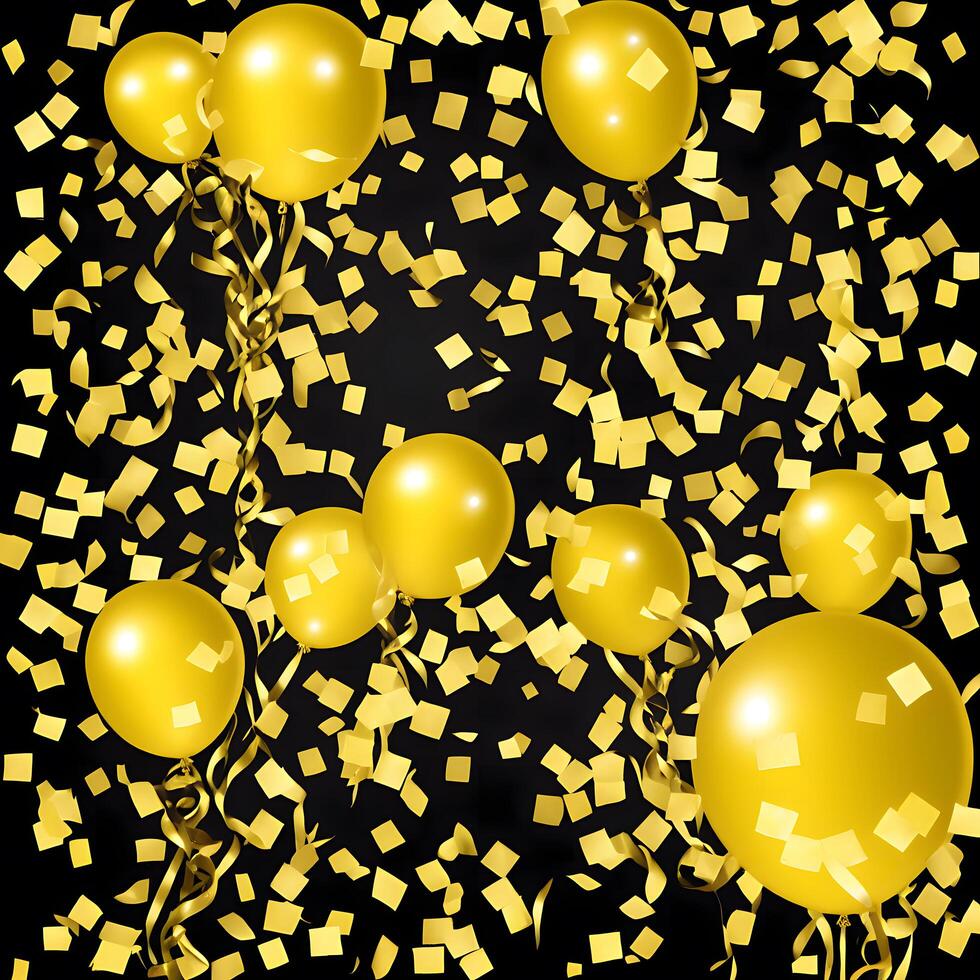 golden balloon ribbon and confetti celebration birthday party background. photo