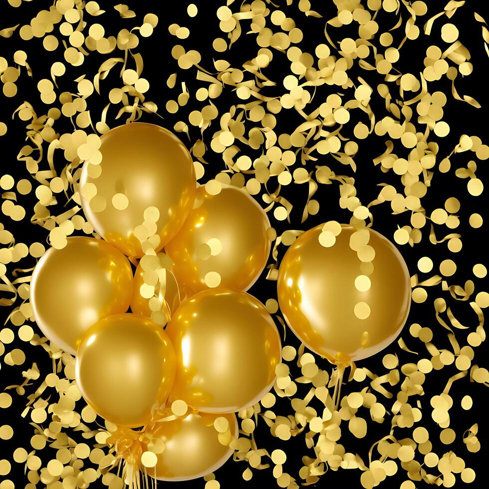 golden balloon ribbon and confetti celebration birthday party background. photo